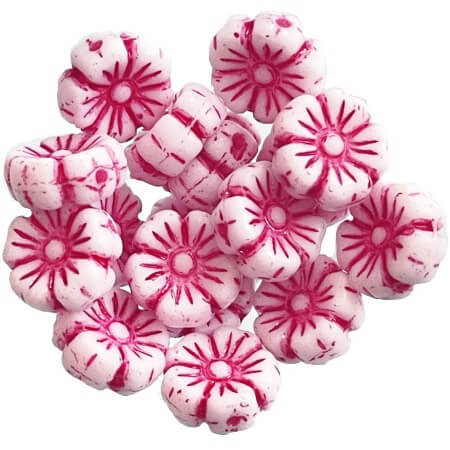 Czech Glass Beads Hibiscus Flower 9mm PINK WASH WHITE