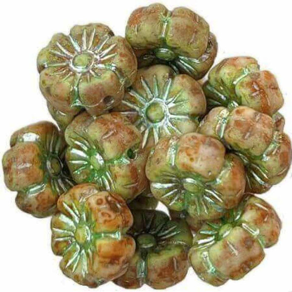 Czech Glass Beads 9mm Hibiscus Flower MOSSY GREEN PICASSO