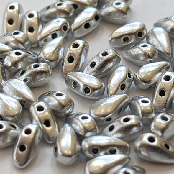 2-Hole DropDuo Czech Glass Beads 3x6mm ALUMINIUM SILVER