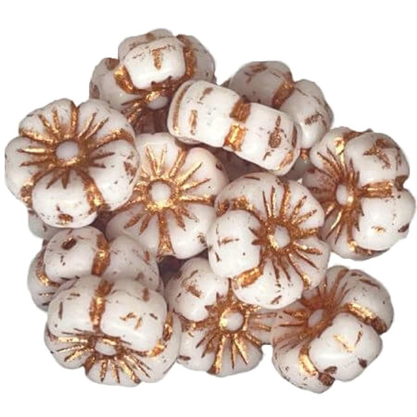 Czech Glass Beads 9mm Hibiscus Flower CHALK WHITE COPPER WASH