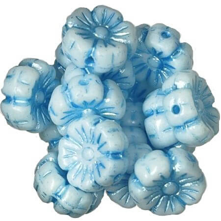 Czech Glass Beads 9mm Hibiscus Flower BABY BLUE WASH