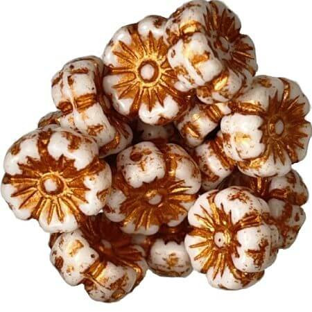Czech Glass Beads 9mm Hibiscus Flower COPPER CREAM