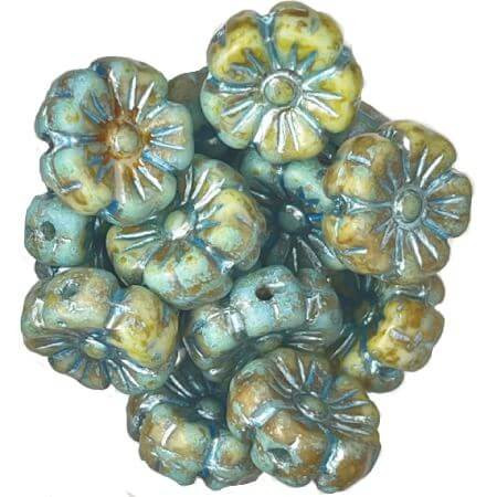 Czech Glass Beads 9mm Hibiscus Flower GREEN TURQUOISE PICASSO