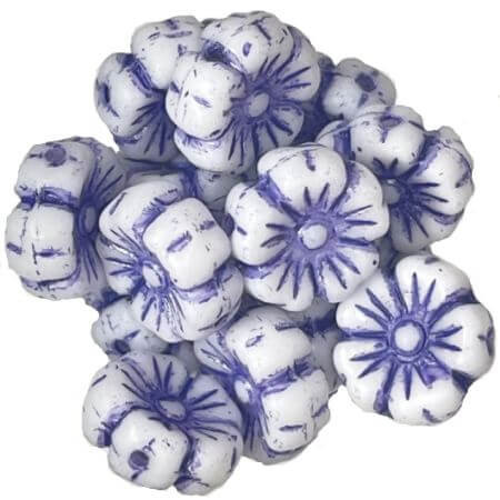 Czech Glass Beads 9mm Hibiscus Flower WHITE LAVENDER WASH