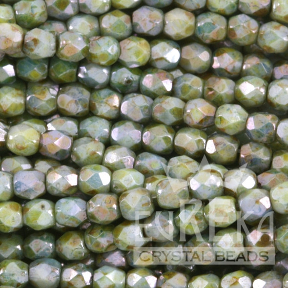 Firepolish 3mm Czech Glass Beads GREEN OPAQUE LUSTER (Strand of 50)