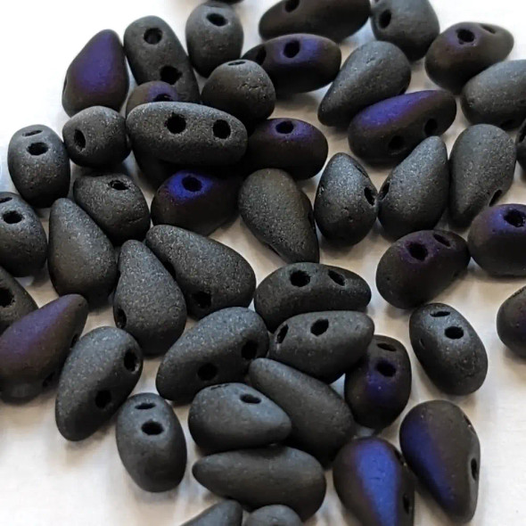 2-Hole DropDuo Czech Glass Beads 3x6mm JET AZURO MATTED