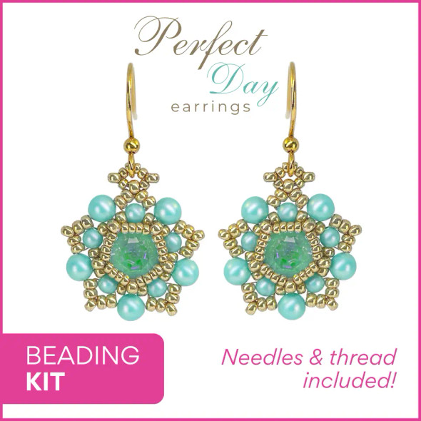 Perfect Day Earrings TEAL and GOLD Beginner Beading Kit