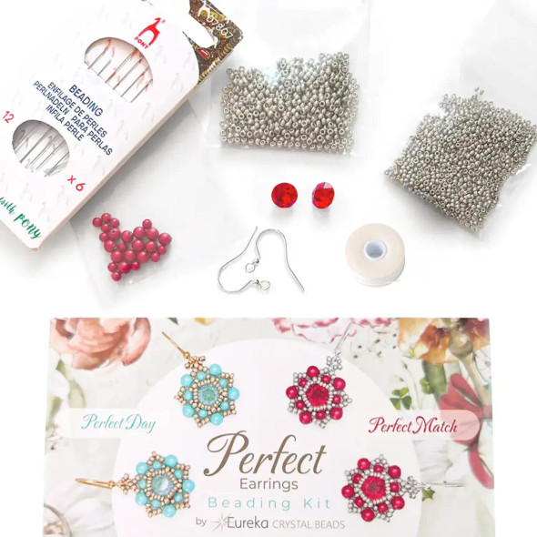 Beginner Beading Kit Perfect Match Earrings RED and SILVER beaded earrings DIY