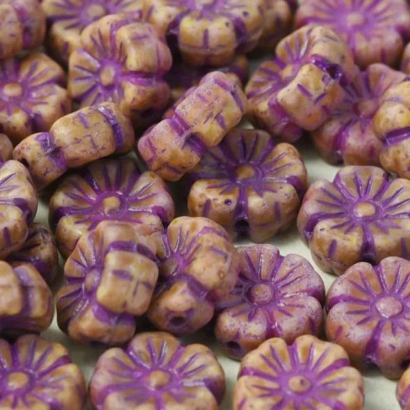 Hibiscus Flower Czech Glass Beads 9mm PICASSO OMBRE BURGUNDY